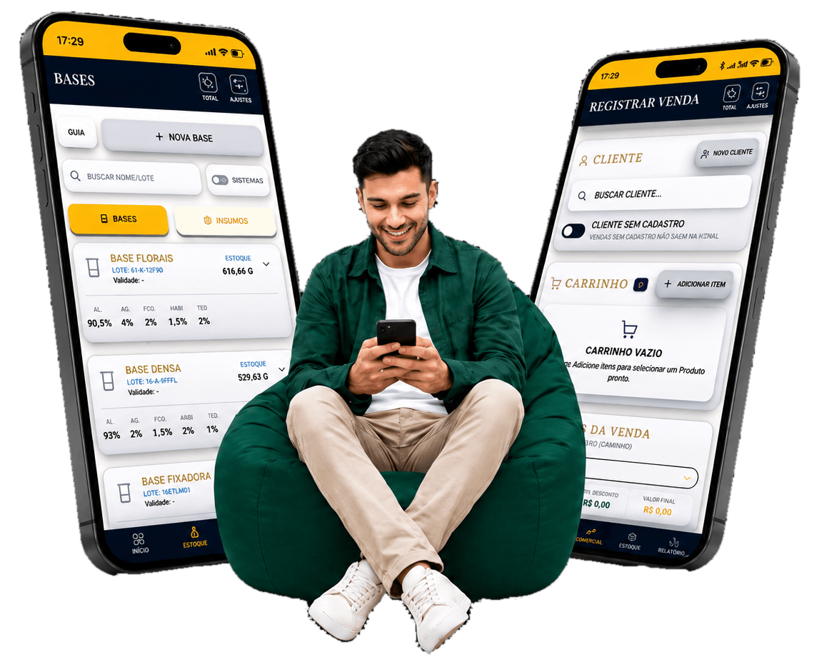 Dois celulares mostrando as telas de bases e vendas